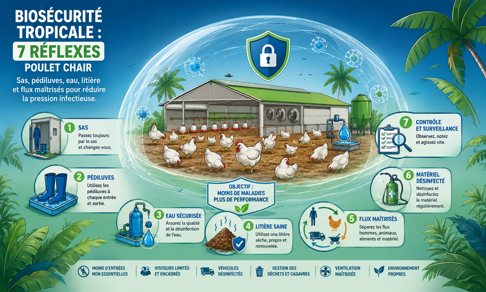 Biosécurité tropicale : 7 réflexes poulet chair — sas, pédiluves, eau sécurisée, litière saine et flux maîtrisés
